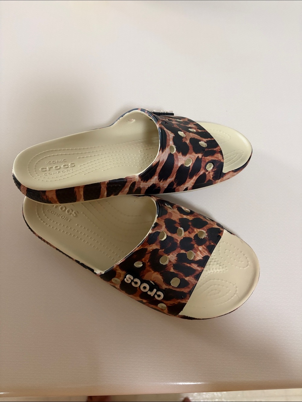 CROCS Leopard Print Slide Sandals in Brown and Black with Cream Footbed